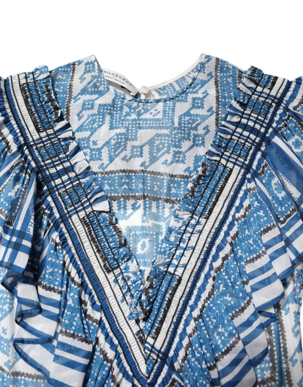 Blau Gemustertes Gestuftes Kurzarm-Minikleid