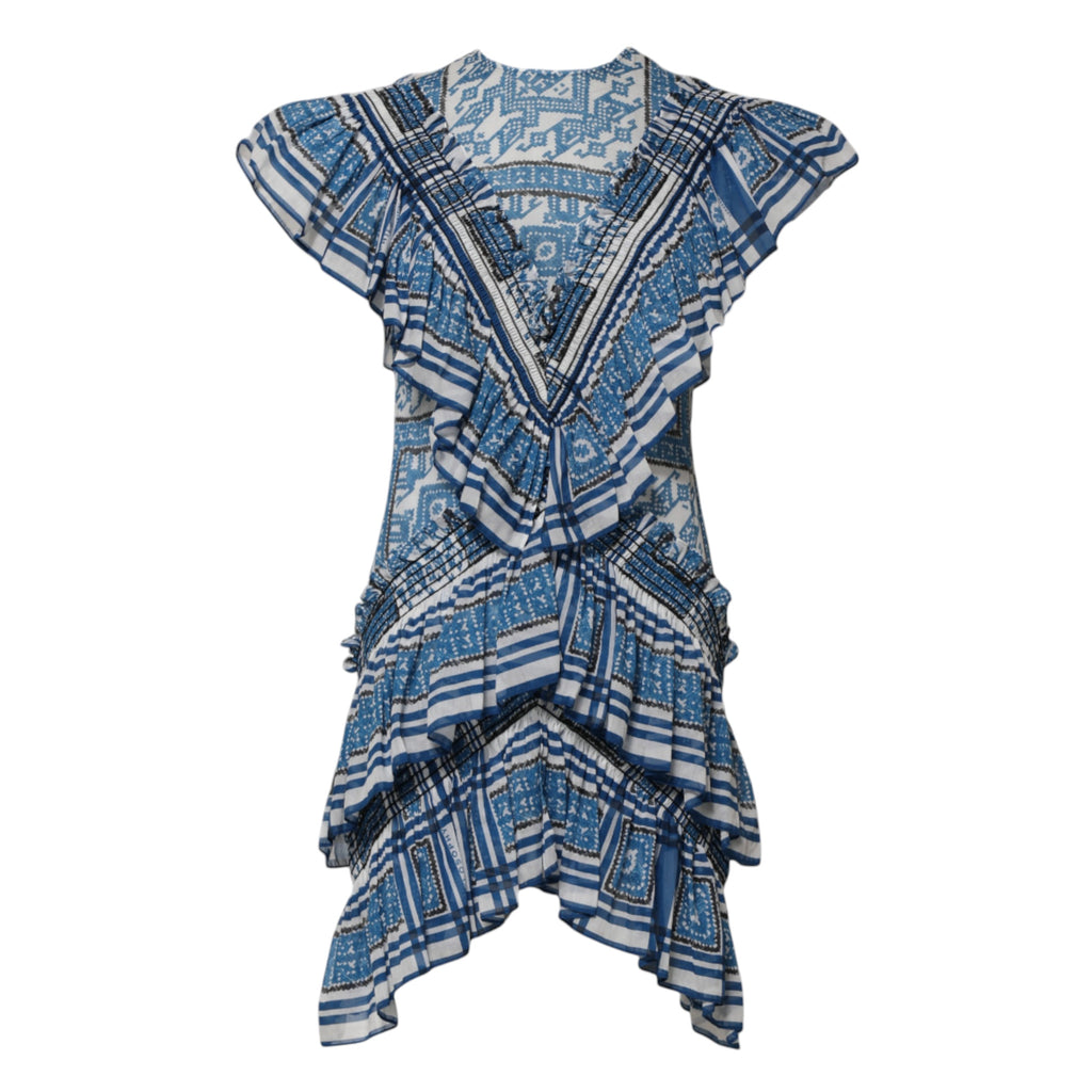 Blau Gemustertes Gestuftes Kurzarm-Minikleid