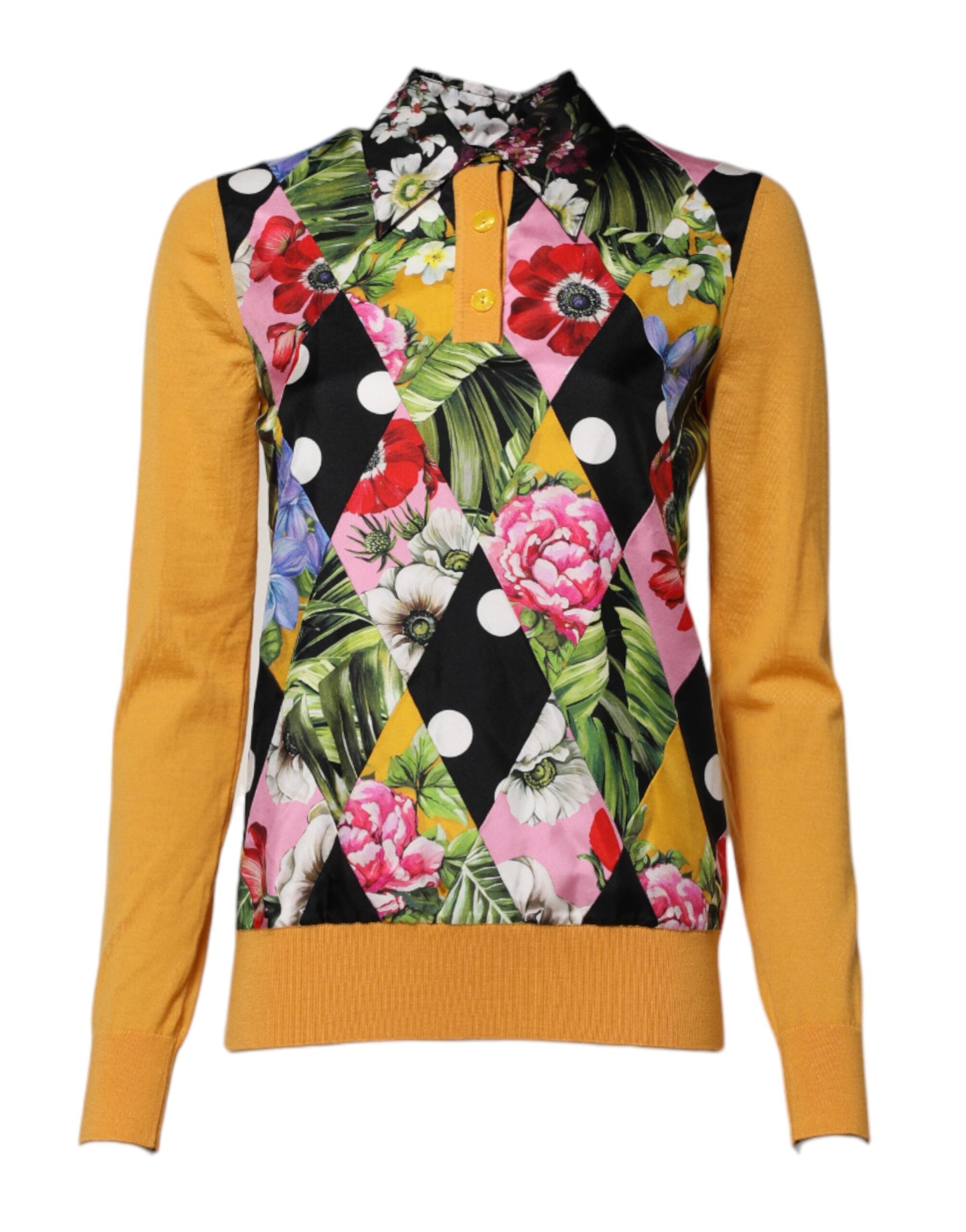 Mehrfarbiges floral gemustertes Langarm-Poloshirt