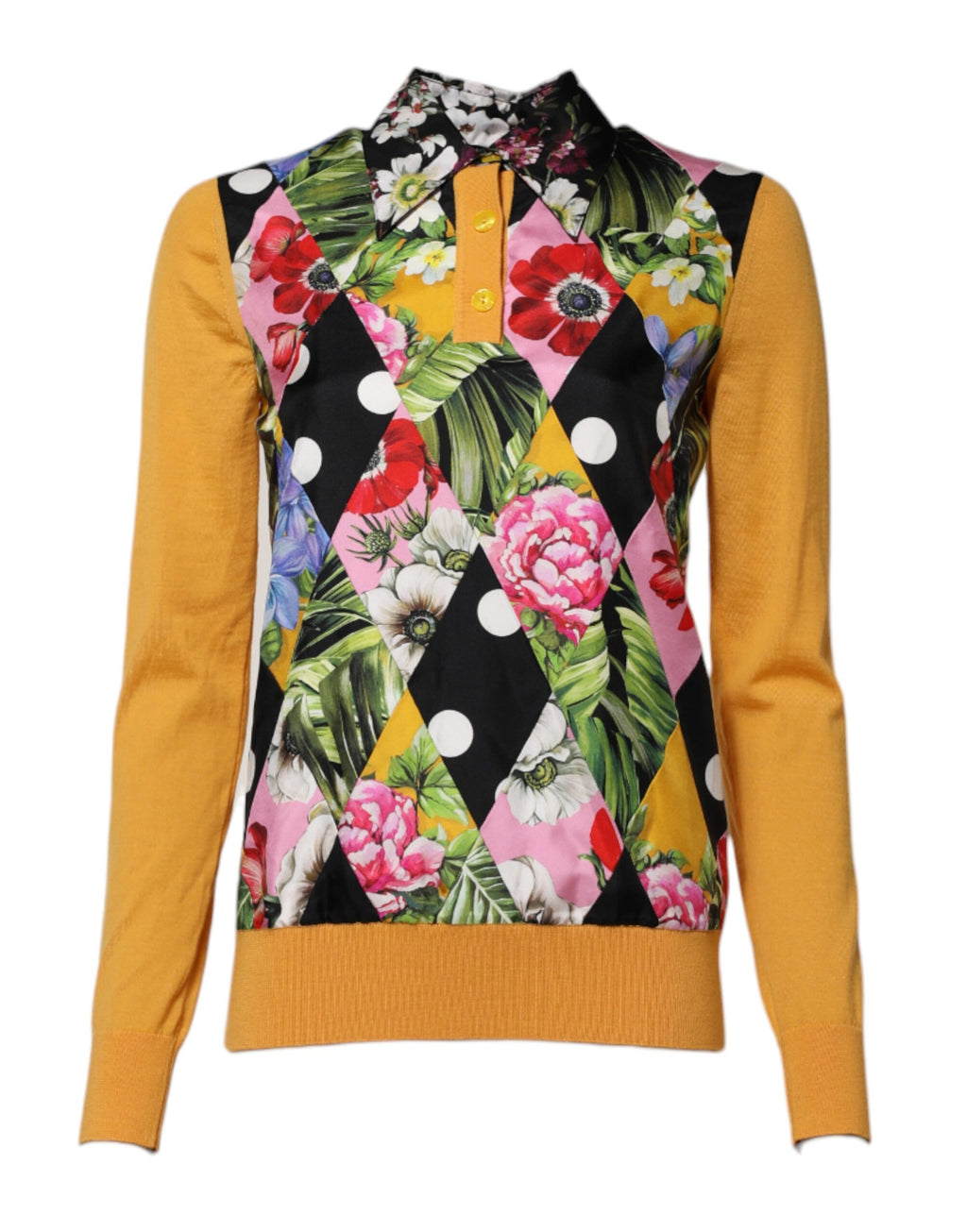 Mehrfarbiges floral gemustertes Langarm-Poloshirt