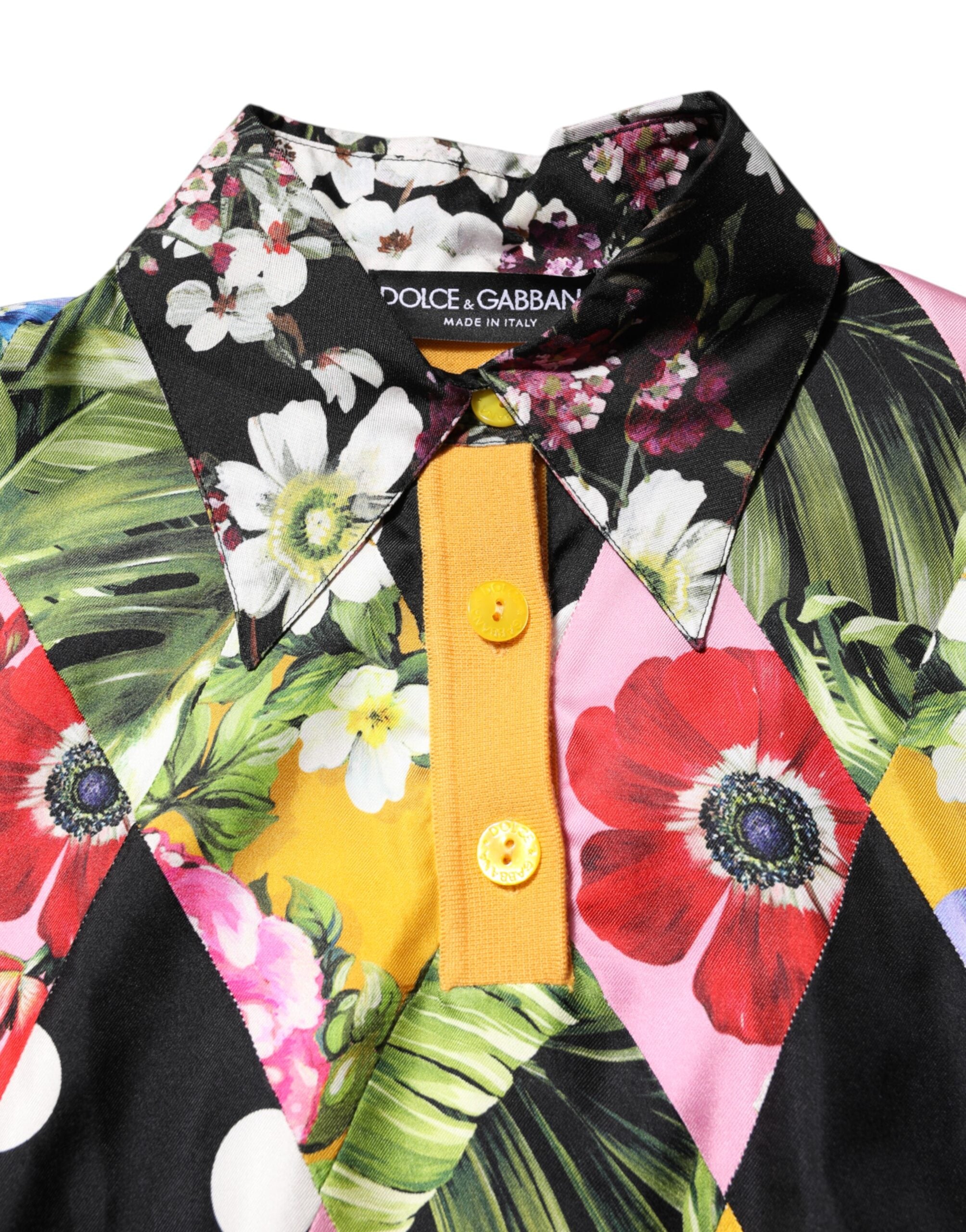 Mehrfarbiges floral gemustertes Langarm-Poloshirt