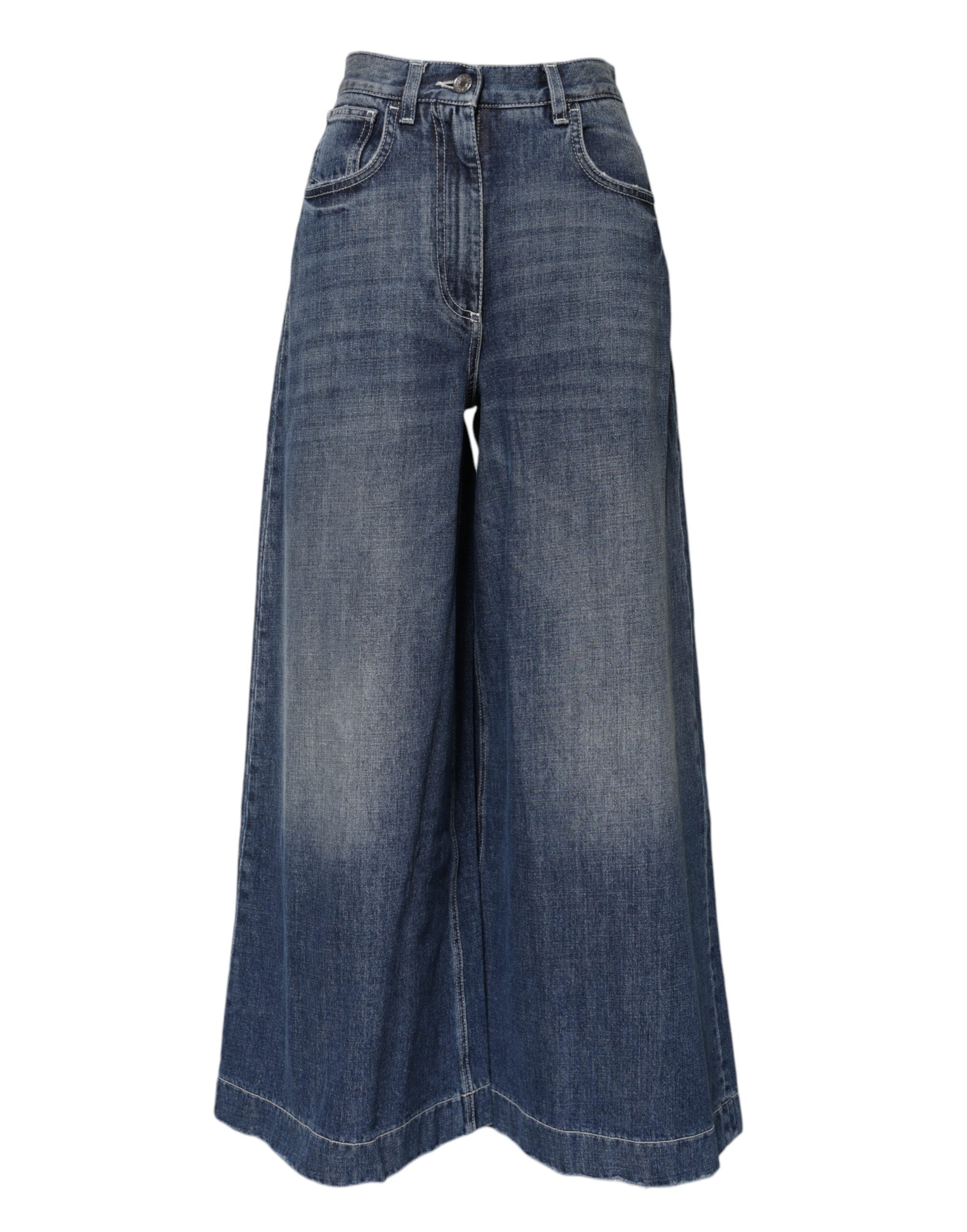 Blue Cotton High Waist Wide Leg Denim-Jeans