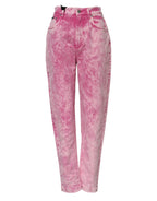 Pinkfarbene High-Waist Tapered Jeans mit Batikmuster