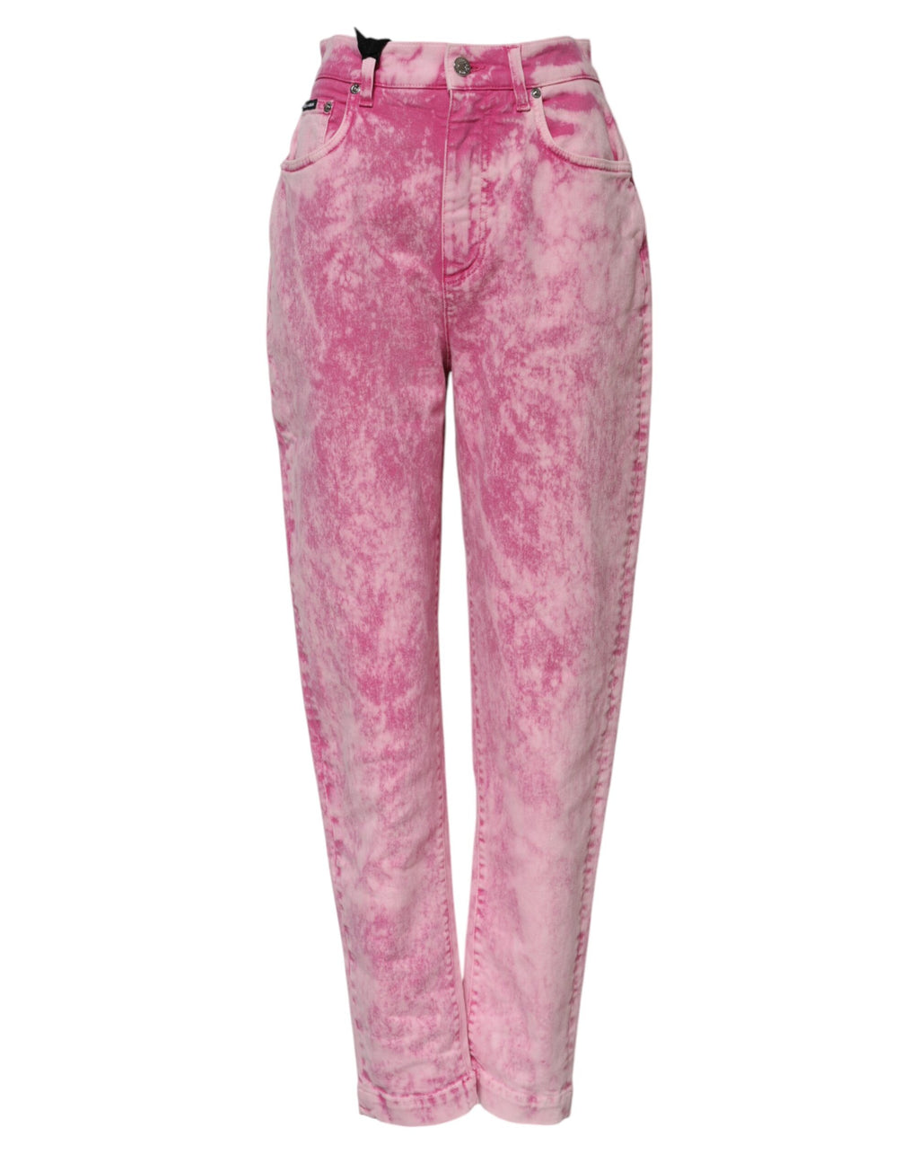 Pinkfarbene High-Waist Tapered Jeans mit Batikmuster