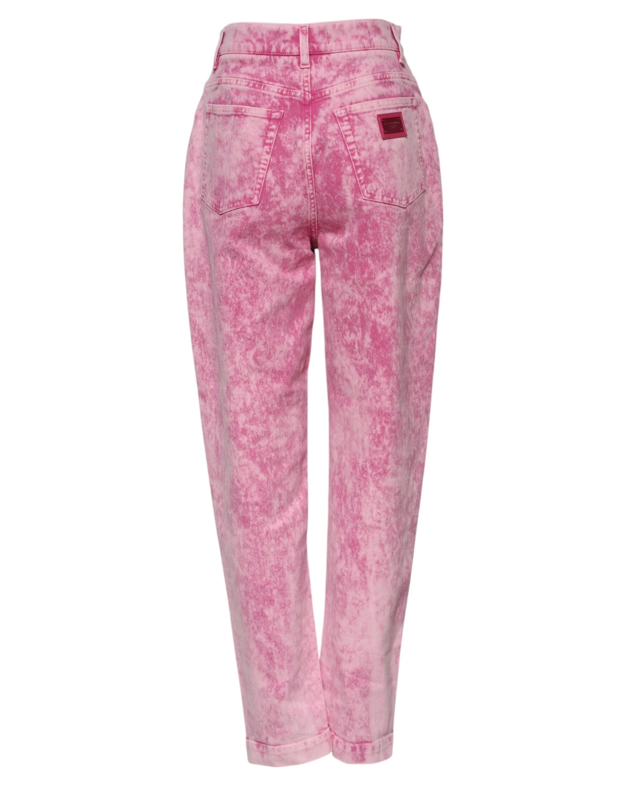 Pinkfarbene High-Waist Tapered Jeans mit Batikmuster