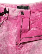 Pinkfarbene High-Waist Tapered Jeans mit Batikmuster