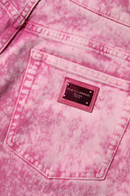 Pinkfarbene High-Waist Tapered Jeans mit Batikmuster