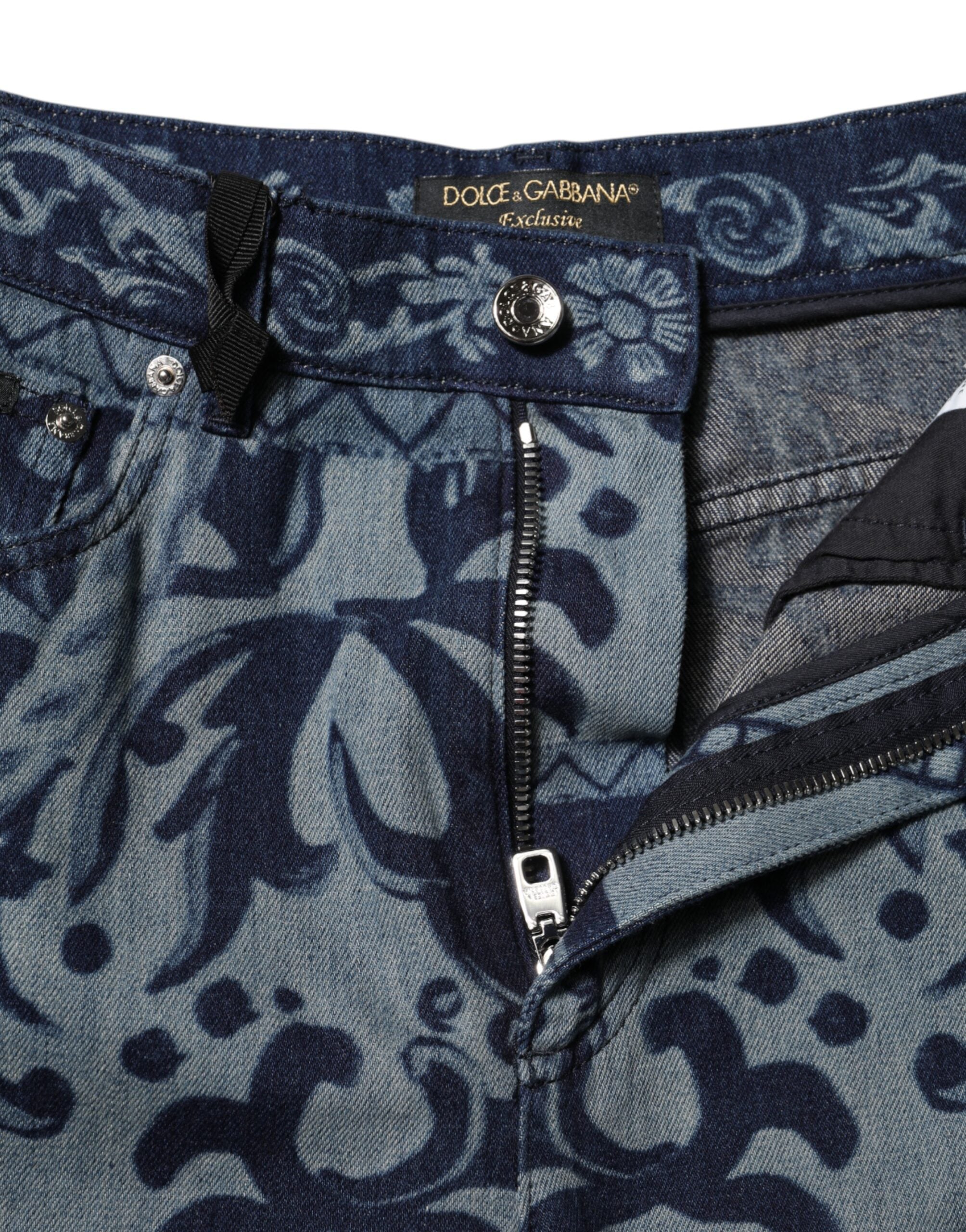 Blue Graphic Print Tapered Denim Jeans