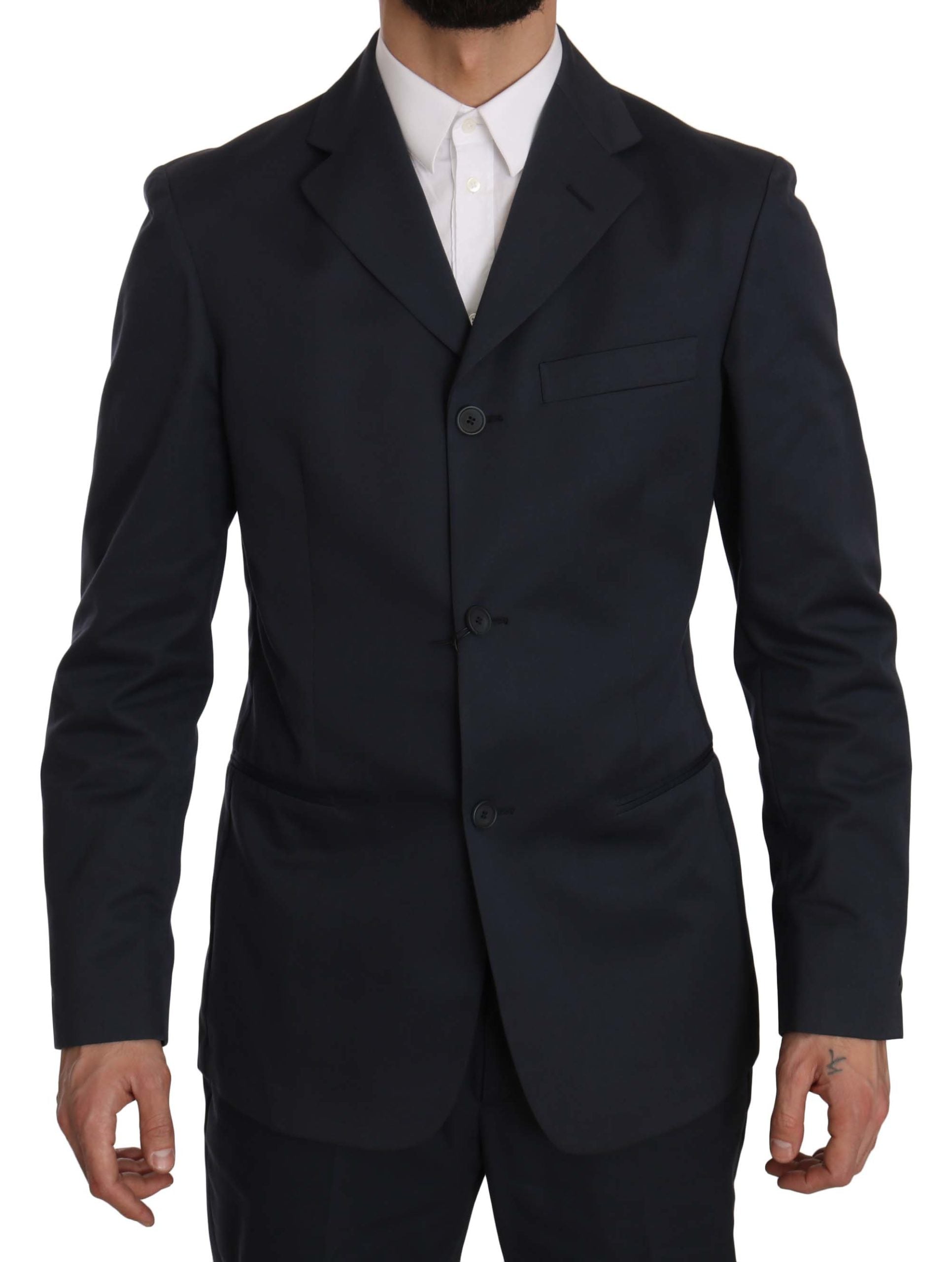 Two-Piece Three-Button Solid Blue Cotton Suit