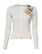 Cardigan sweater in white silk with lily embroidery