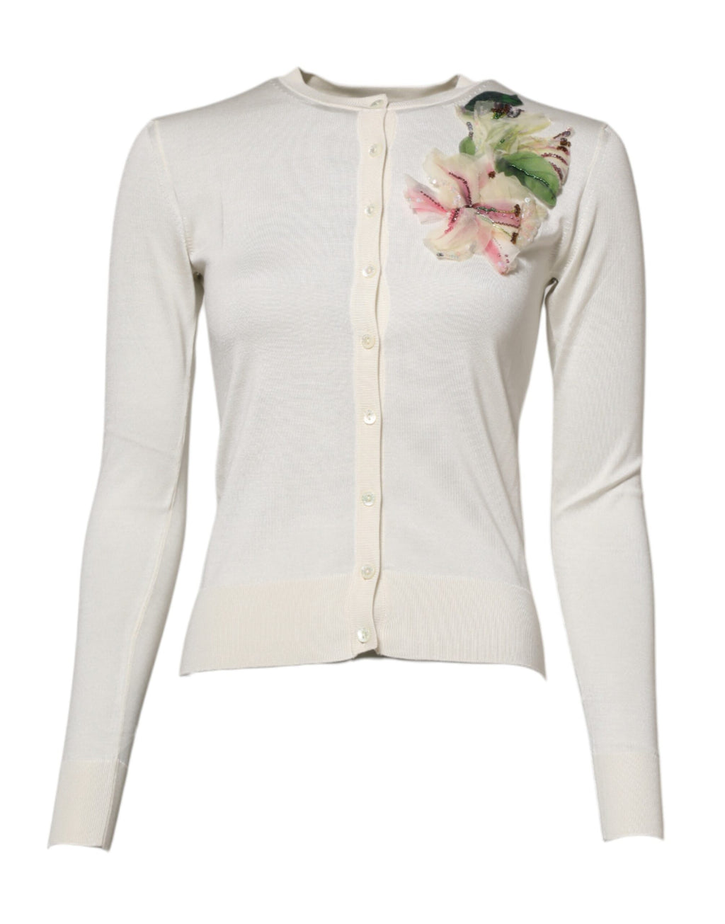 Cardigan sweater in white silk with lily embroidery