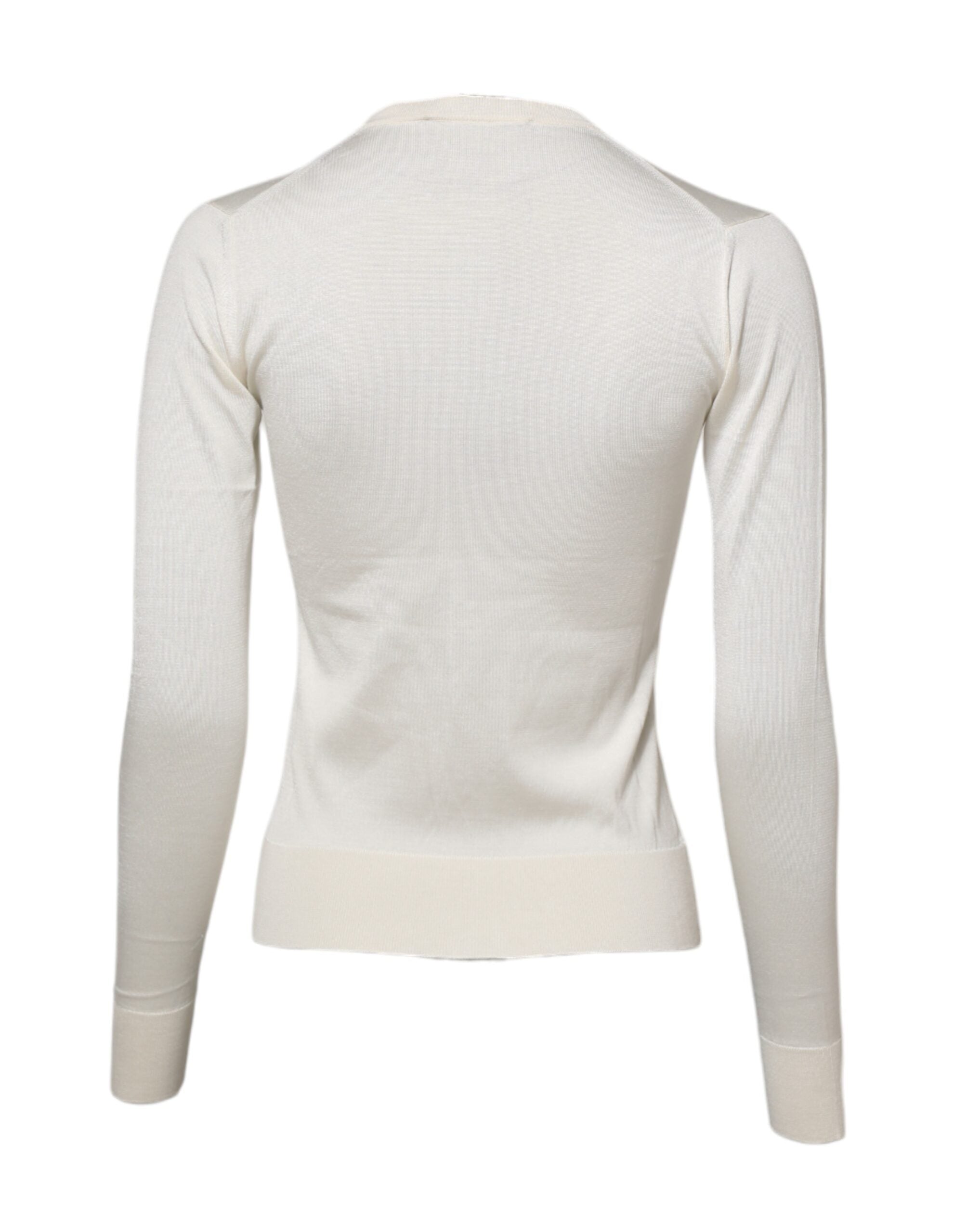 Cardigan sweater in white silk with lily embroidery