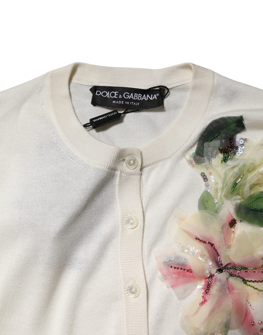 Cardigan sweater in white silk with lily embroidery