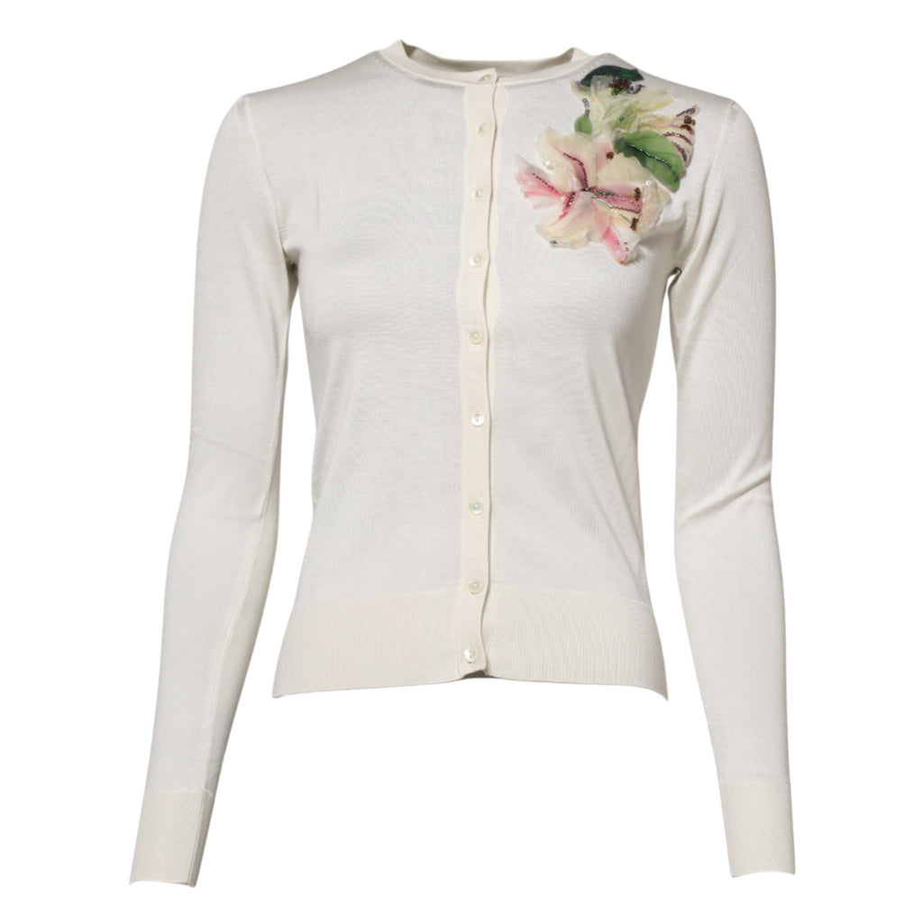 Cardigan sweater in white silk with lily embroidery