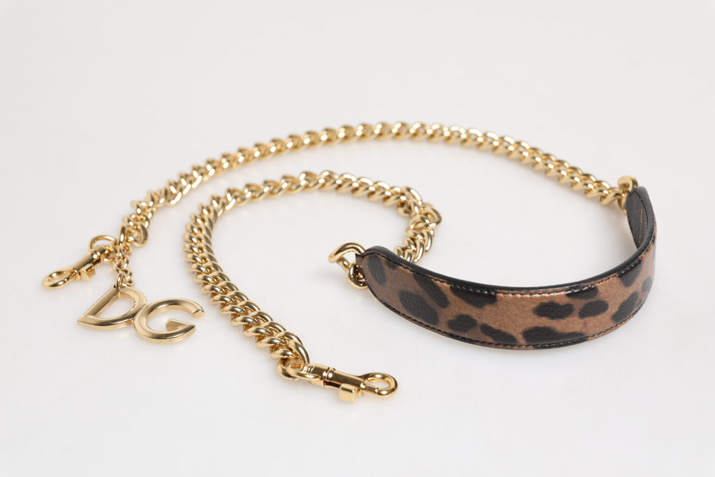 Schulterriemen mit Leopardenmuster in Braun und Gold-Messing-Kette