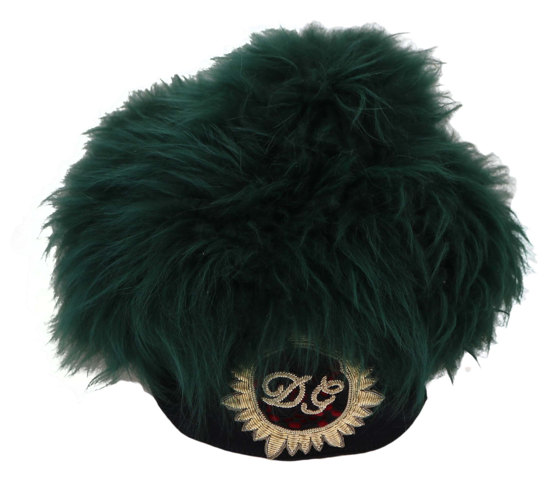 Cloche-Hut aus grünem Pelz mit gesticktem DG-Logo