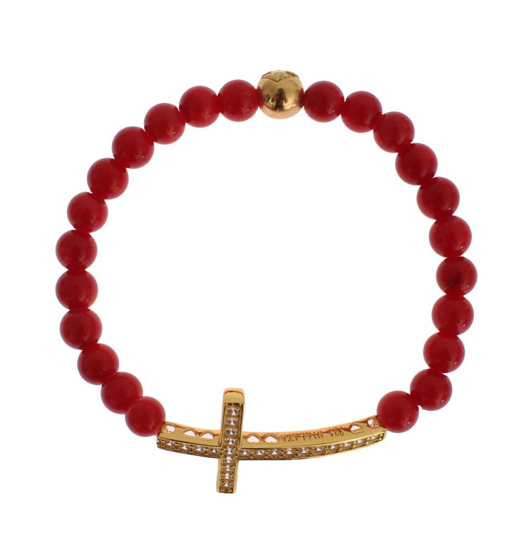 Armband aus 925er Silber mit roter Koralle, Gold und Zirkonia-Kreuz