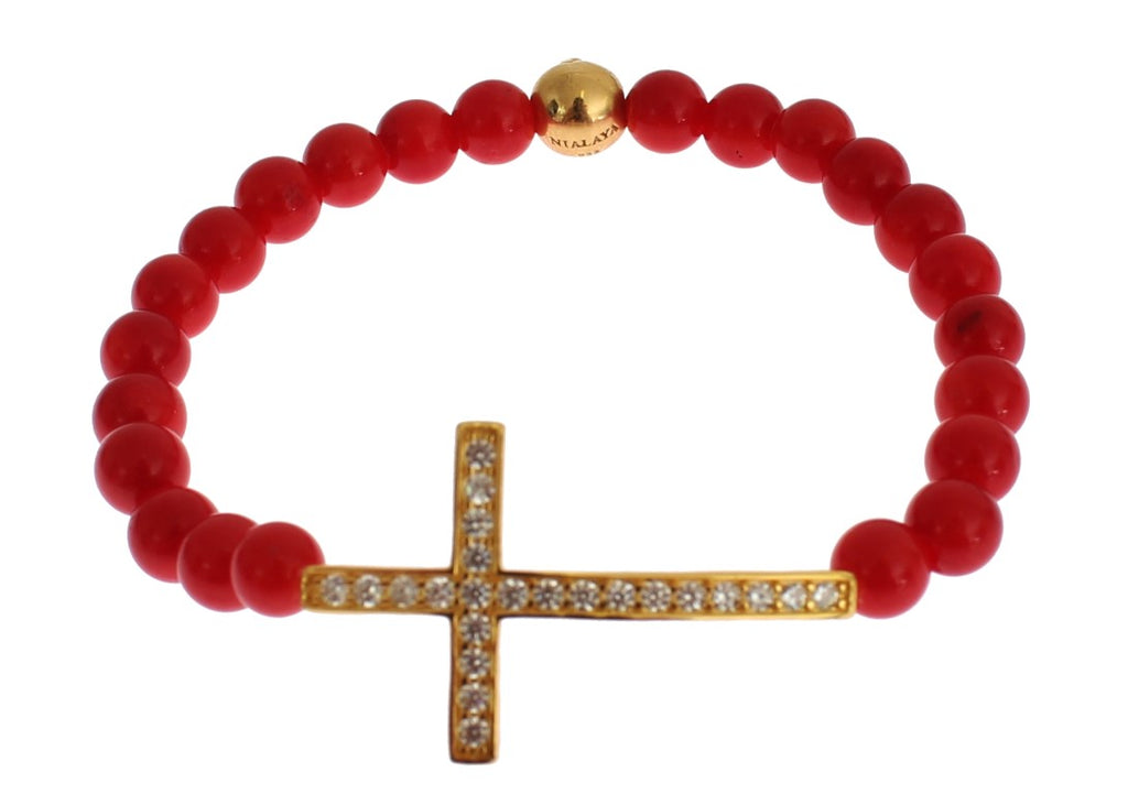Armband aus 925er Silber mit roter Koralle, Gold und Zirkonia-Kreuz