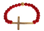 Armband aus 925er Silber mit roter Koralle, Gold und Zirkonia-Kreuz