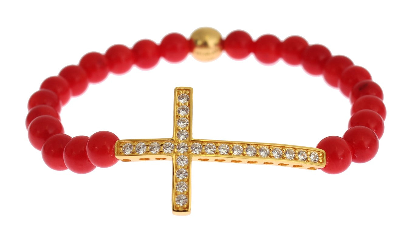 Armband aus 925er Silber mit roter Koralle, Gold und Zirkonia-Kreuz