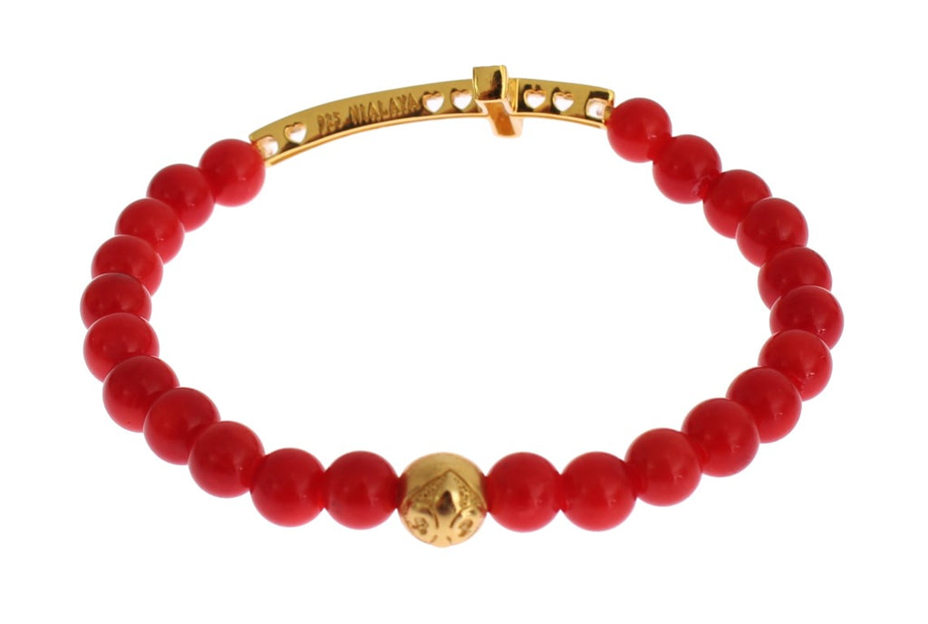 Armband aus 925er Silber mit roter Koralle, Gold und Zirkonia-Kreuz