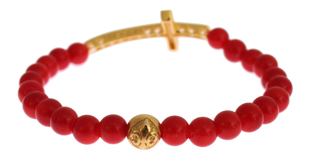 Armband aus 925er Silber mit roter Koralle, Gold und Zirkonia-Kreuz