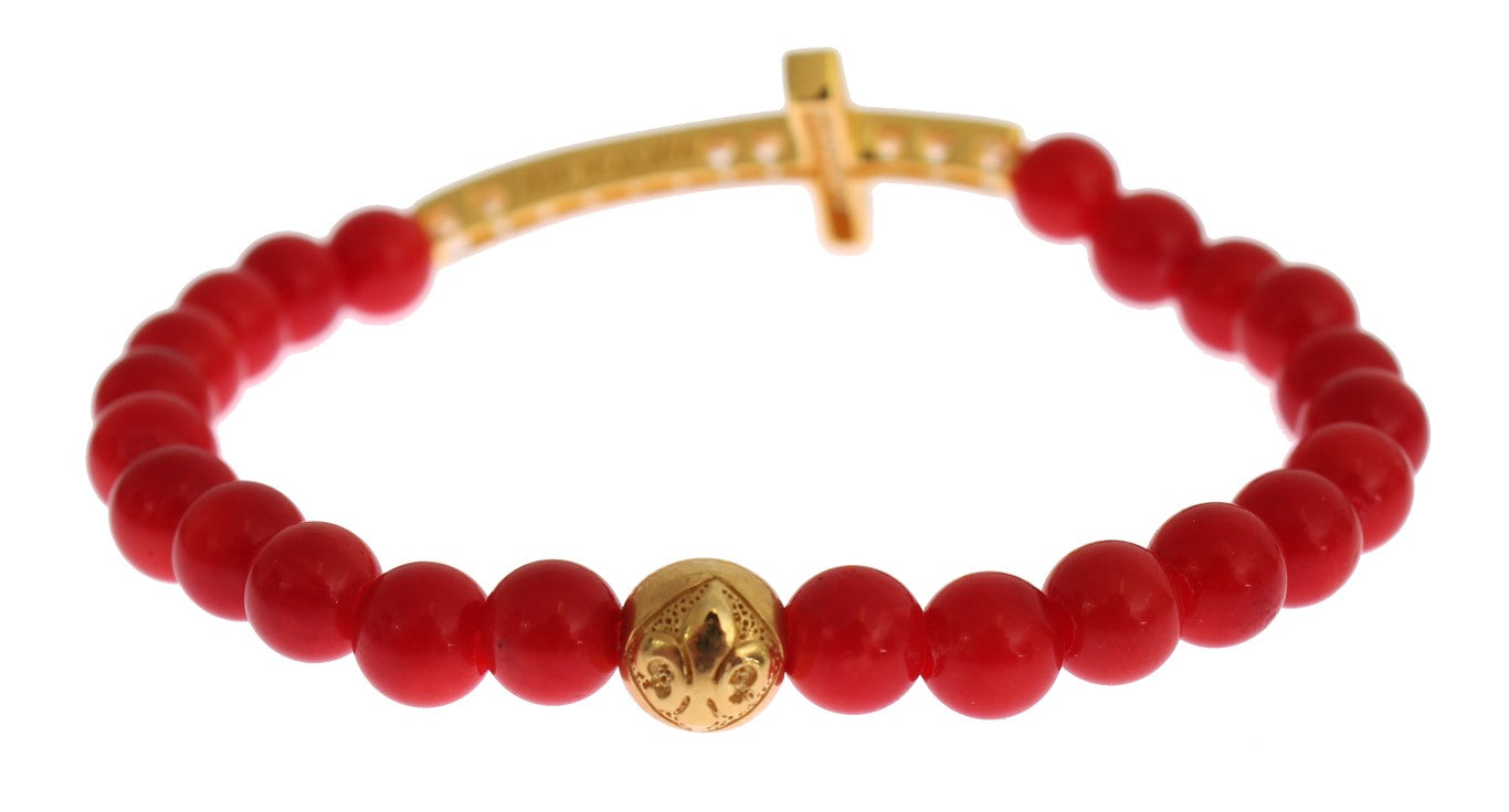 Armband aus 925er Silber mit roter Koralle, Gold und Zirkonia-Kreuz