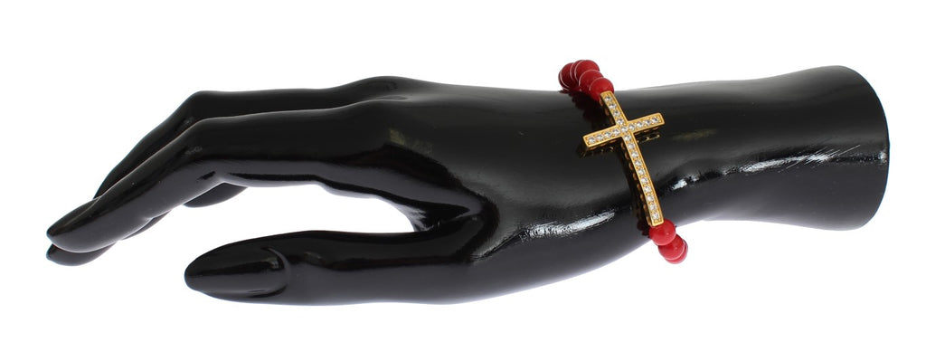 Armband aus 925er Silber mit roter Koralle, Gold und Zirkonia-Kreuz