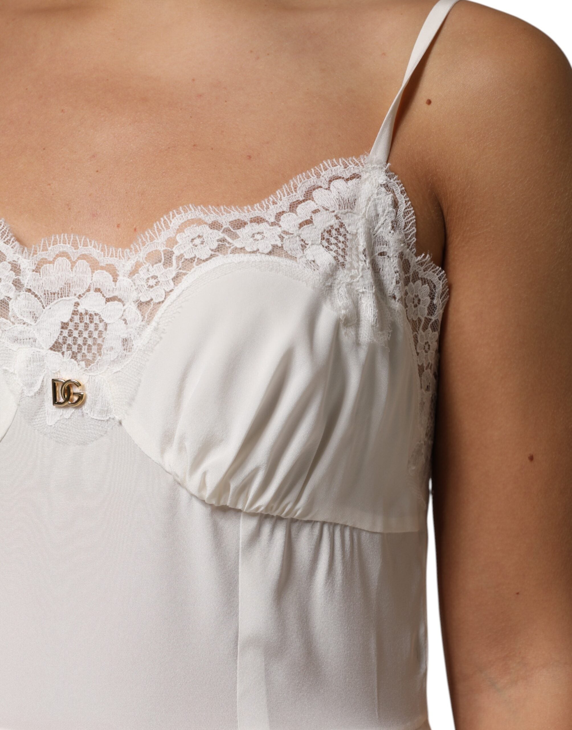White Lace Gold DG Logo Silk Dress Sleepwear