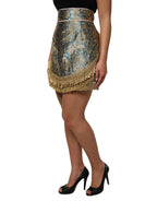 Blauer Minirock mit Jacquardblumen und Quasten