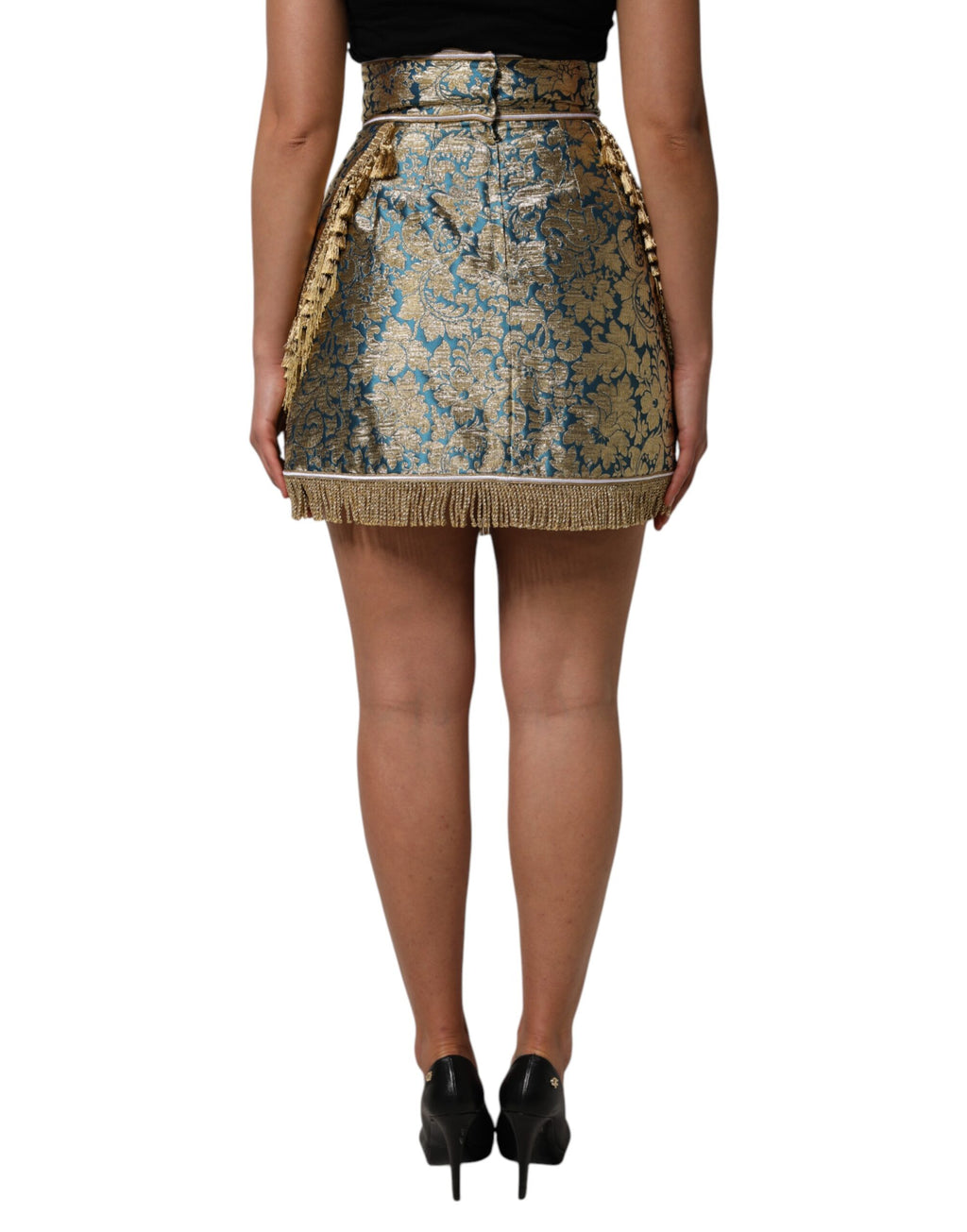 Blauer Minirock mit Jacquardblumen und Quasten