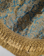 Blauer Minirock mit Jacquardblumen und Quasten