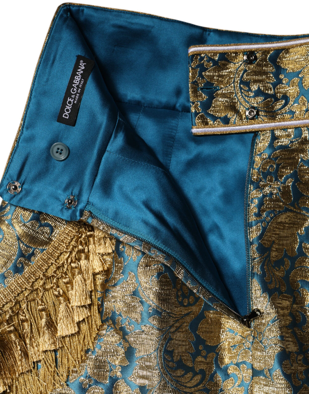 Blauer Minirock mit Jacquardblumen und Quasten