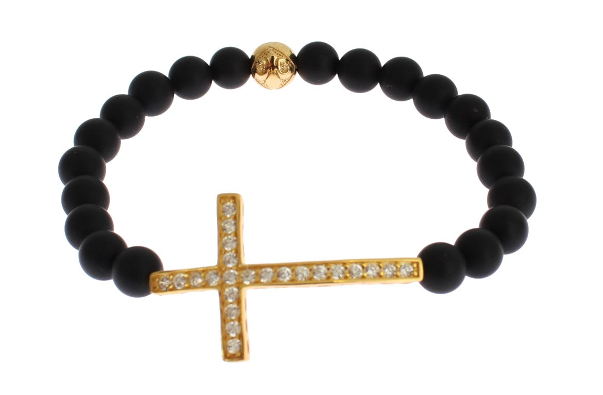 Armband aus mattem Onyxstein mit Gold-CZ-Kreuz und 925er Silber