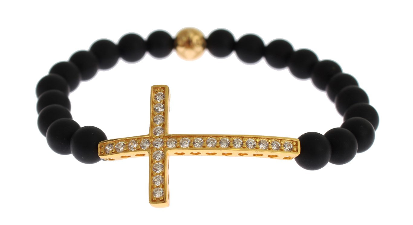 Armband aus mattem Onyxstein mit Gold-CZ-Kreuz und 925er Silber