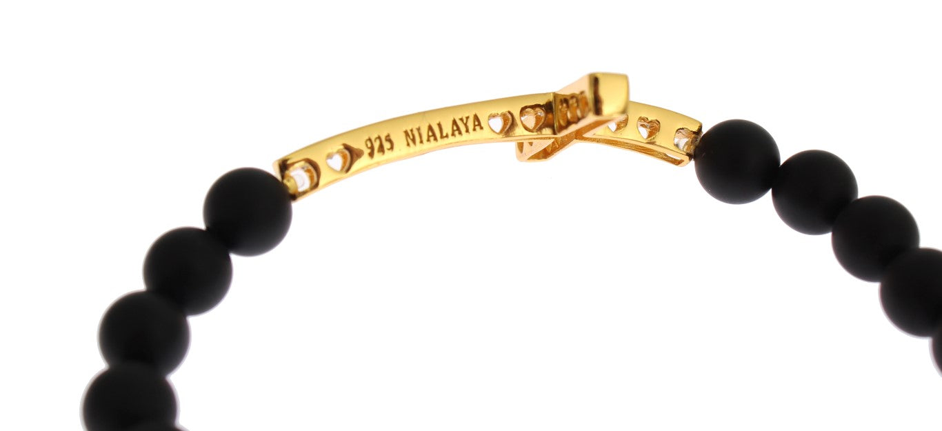 Armband aus mattem Onyxstein mit Gold-CZ-Kreuz und 925er Silber
