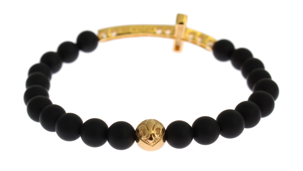 Armband aus mattem Onyxstein mit Gold-CZ-Kreuz und 925er Silber