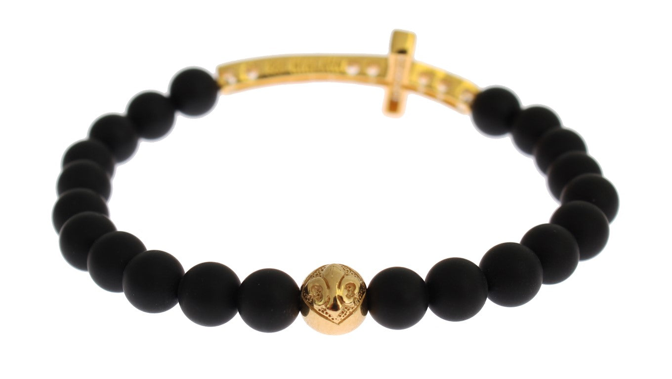 Armband aus mattem Onyxstein mit Gold-CZ-Kreuz und 925er Silber