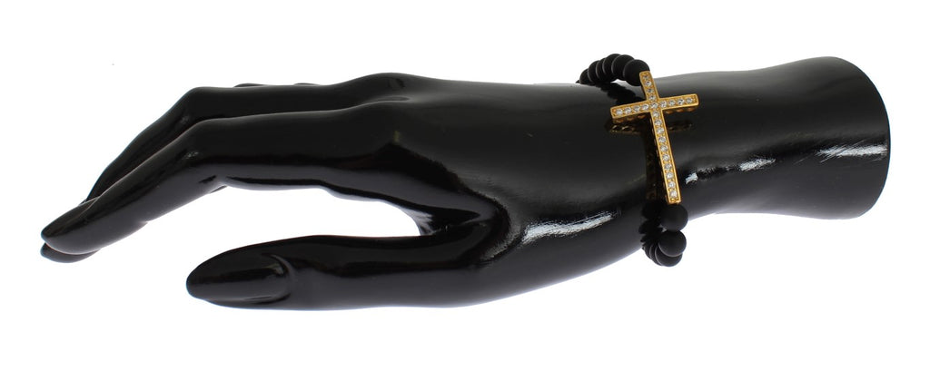Armband aus mattem Onyxstein mit Gold-CZ-Kreuz und 925er Silber