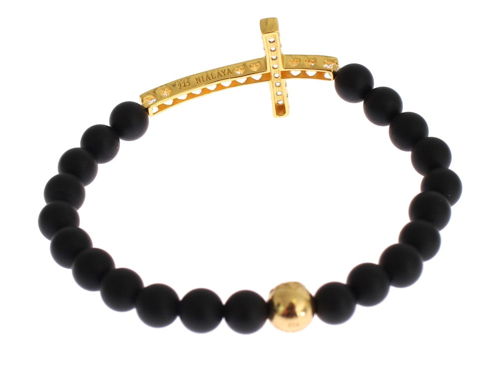 Armband aus mattem Onyxstein mit Gold-CZ-Kreuz und 925er Silber
