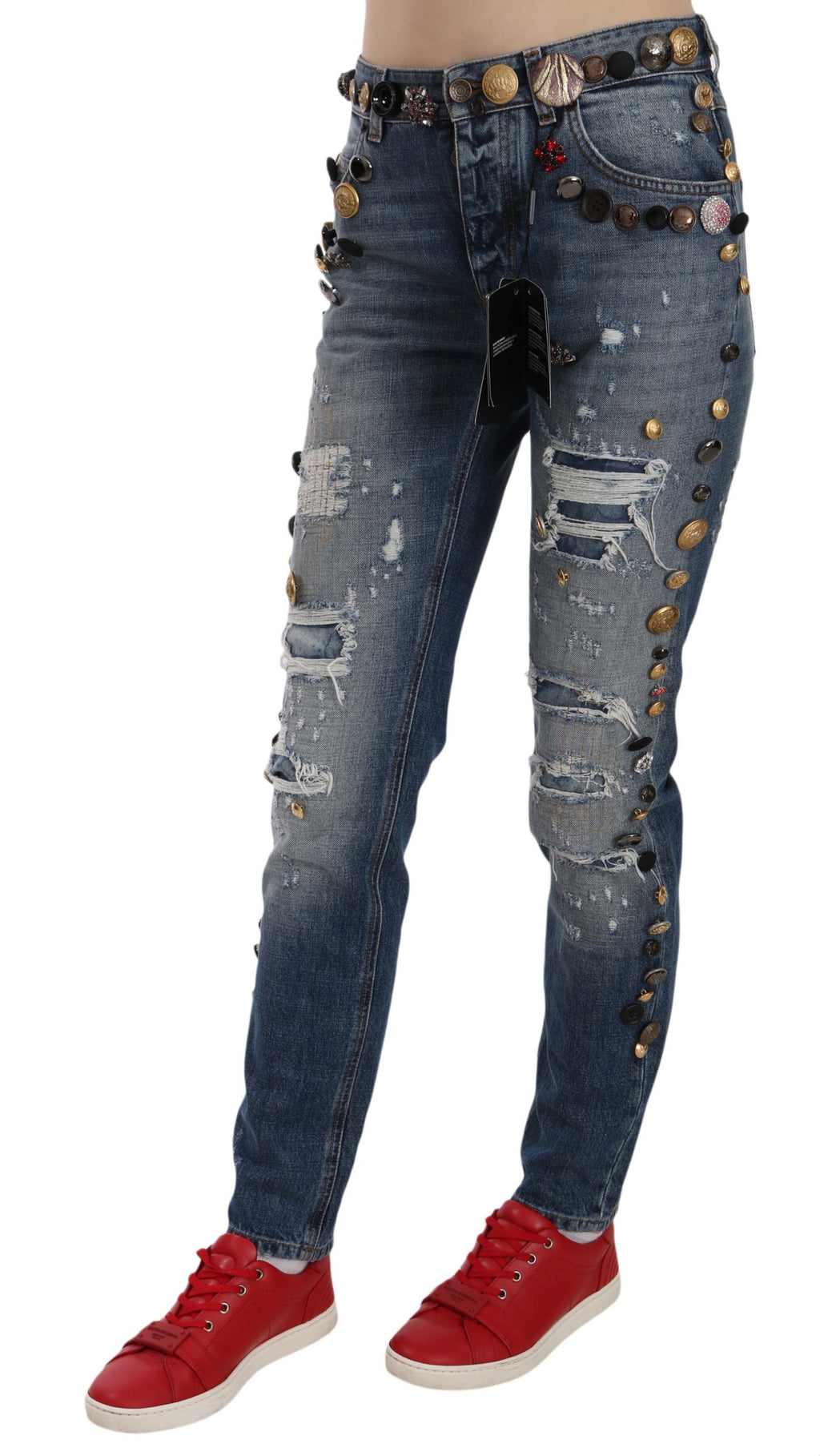 Distressed Embellished Buttons Jeanshose