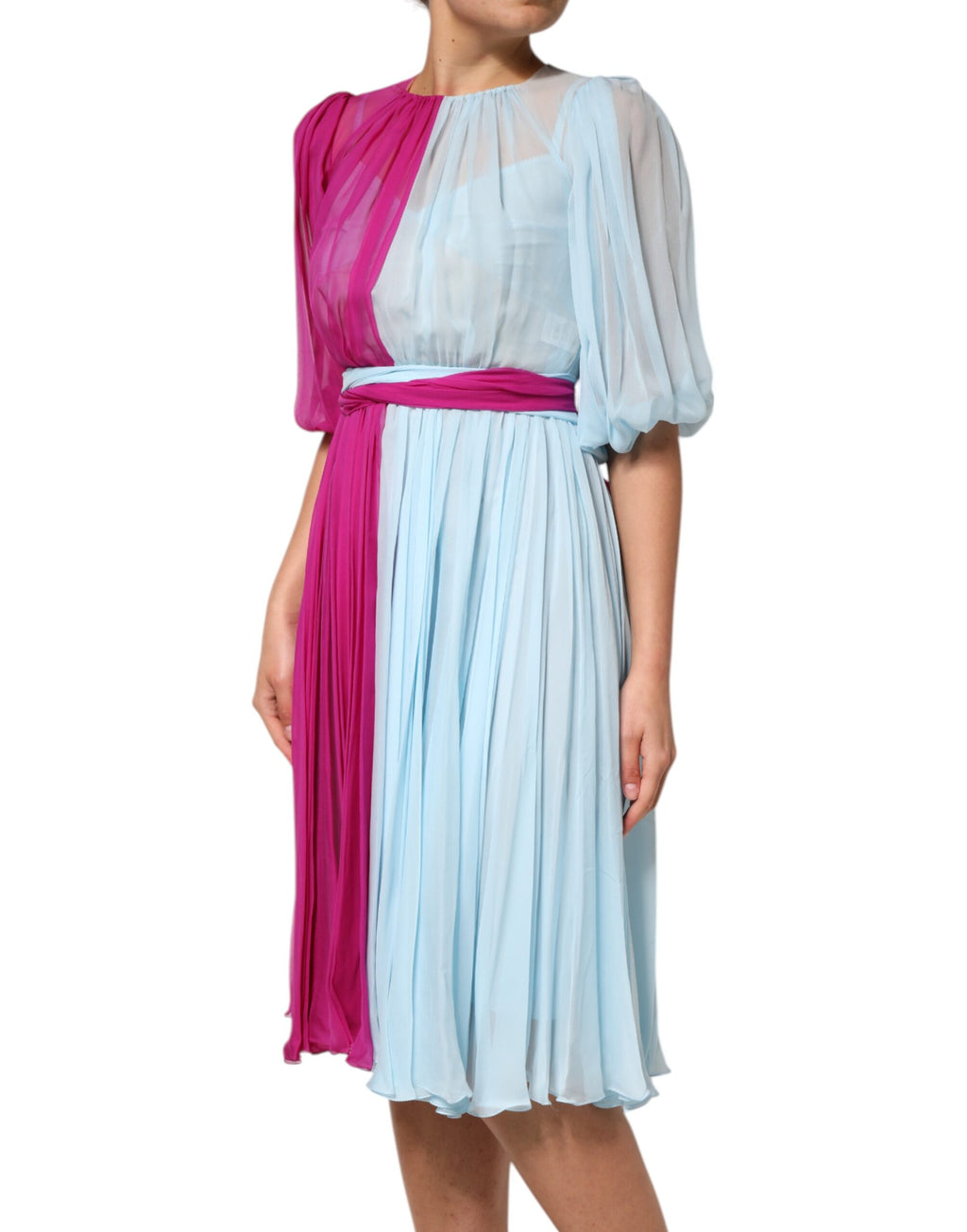 Fuchsia Hellblaues Midikleid aus zweifarbigem Seidenstoff