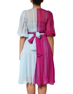 Fuchsia Hellblaues Midikleid aus zweifarbigem Seidenstoff