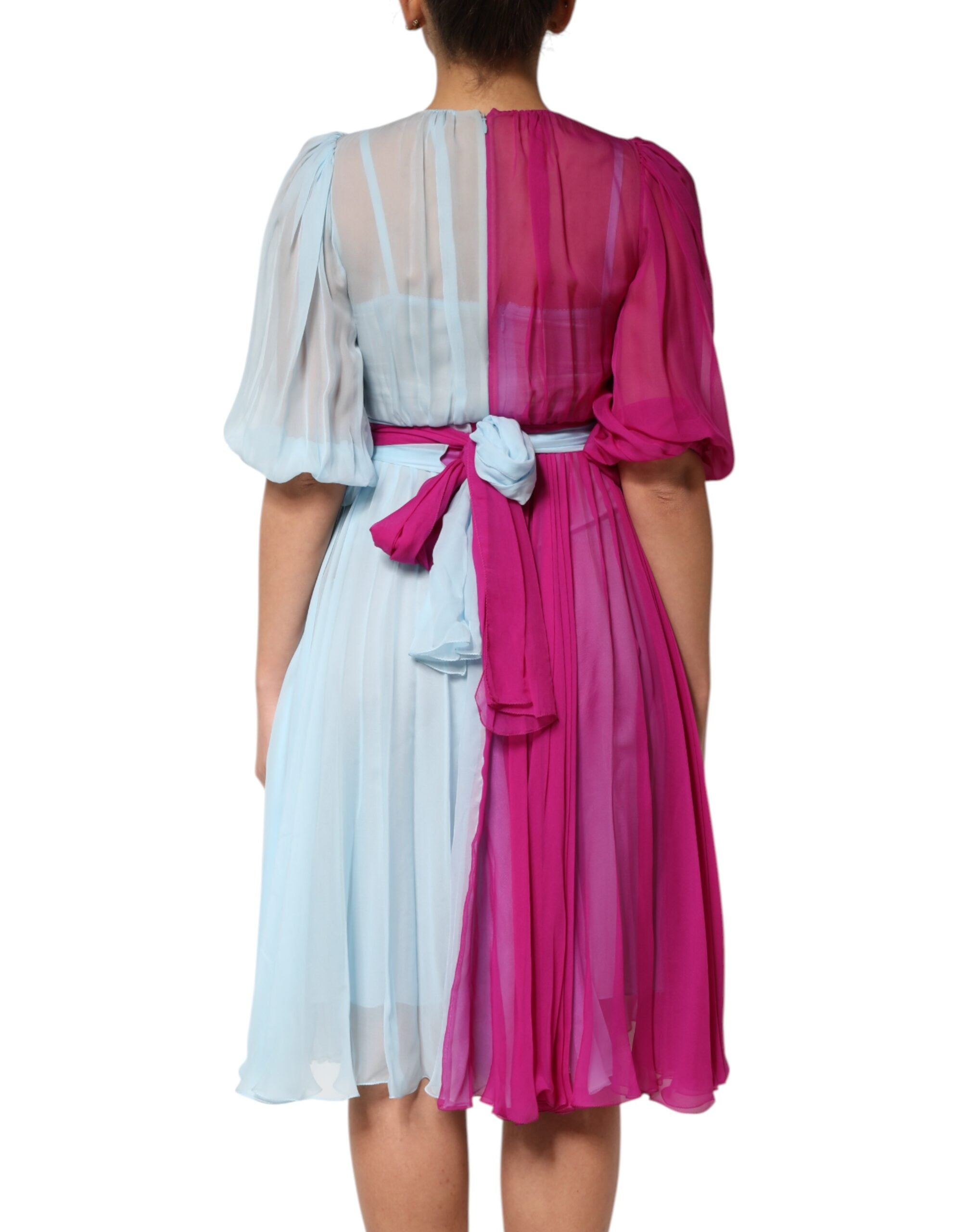 Fuchsia Hellblaues Midikleid aus zweifarbigem Seidenstoff