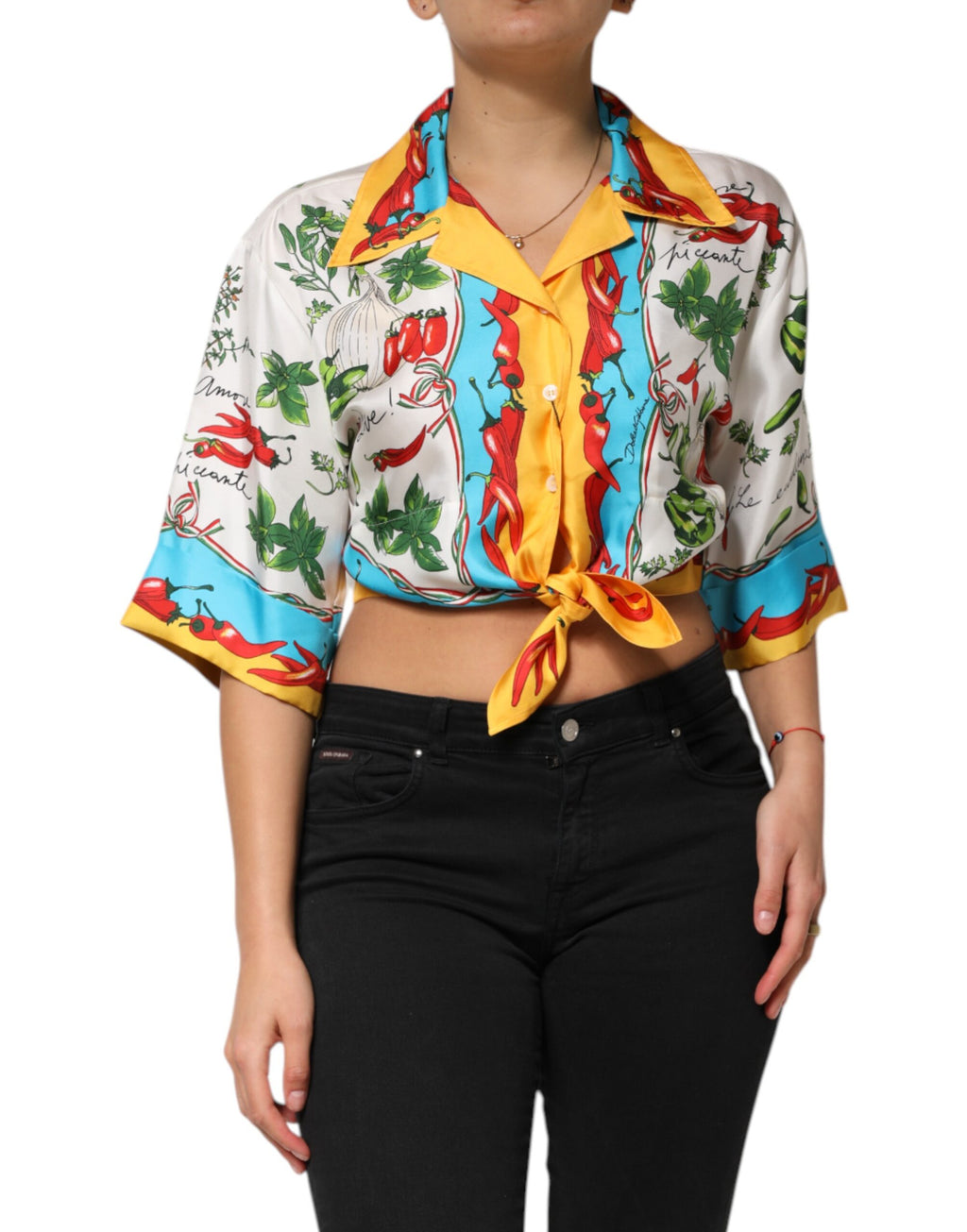 Mehrfarbige Chili-Seiden-Cropped-Bluse