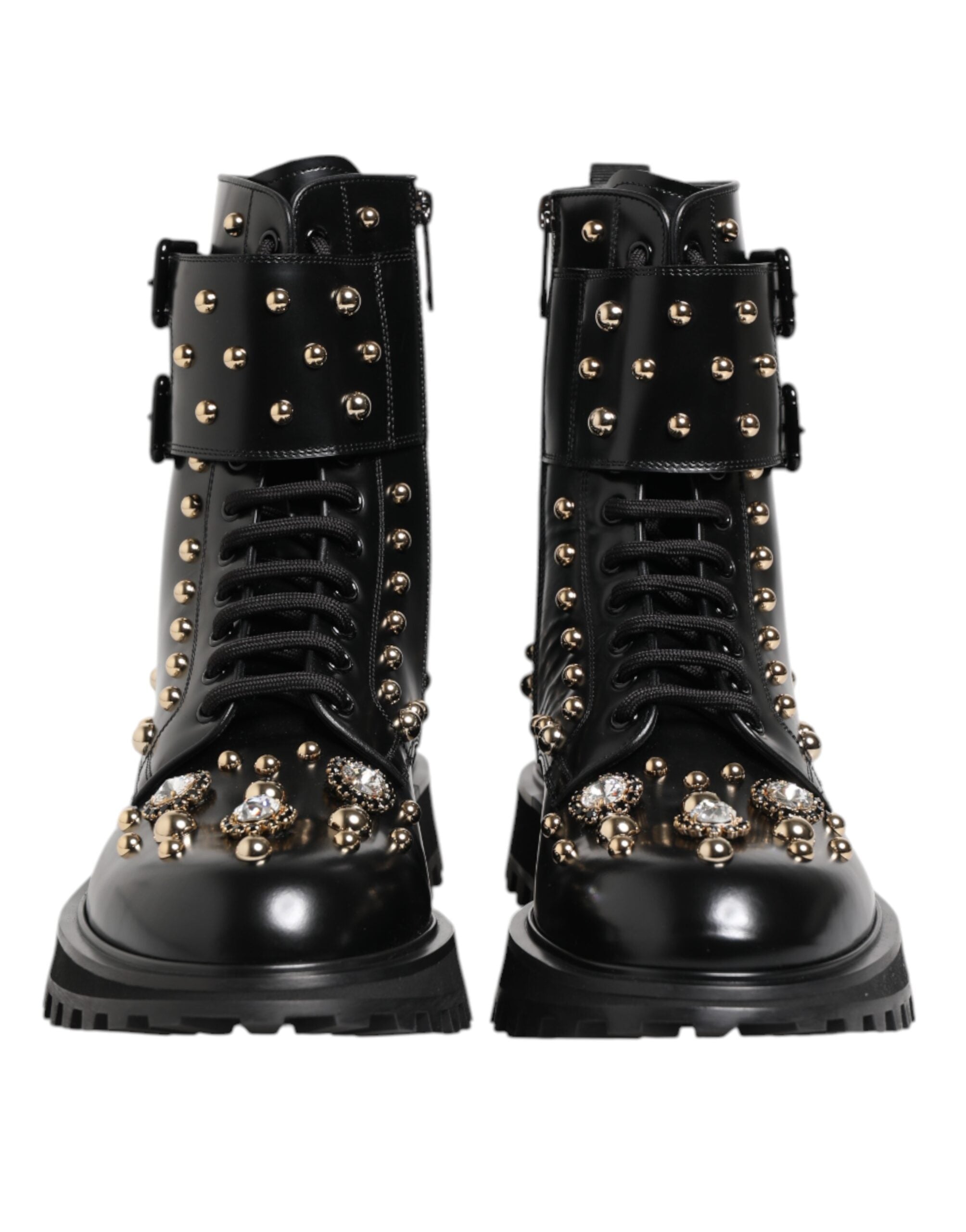 Black Studded Lace-Up Mid-Calf Boots