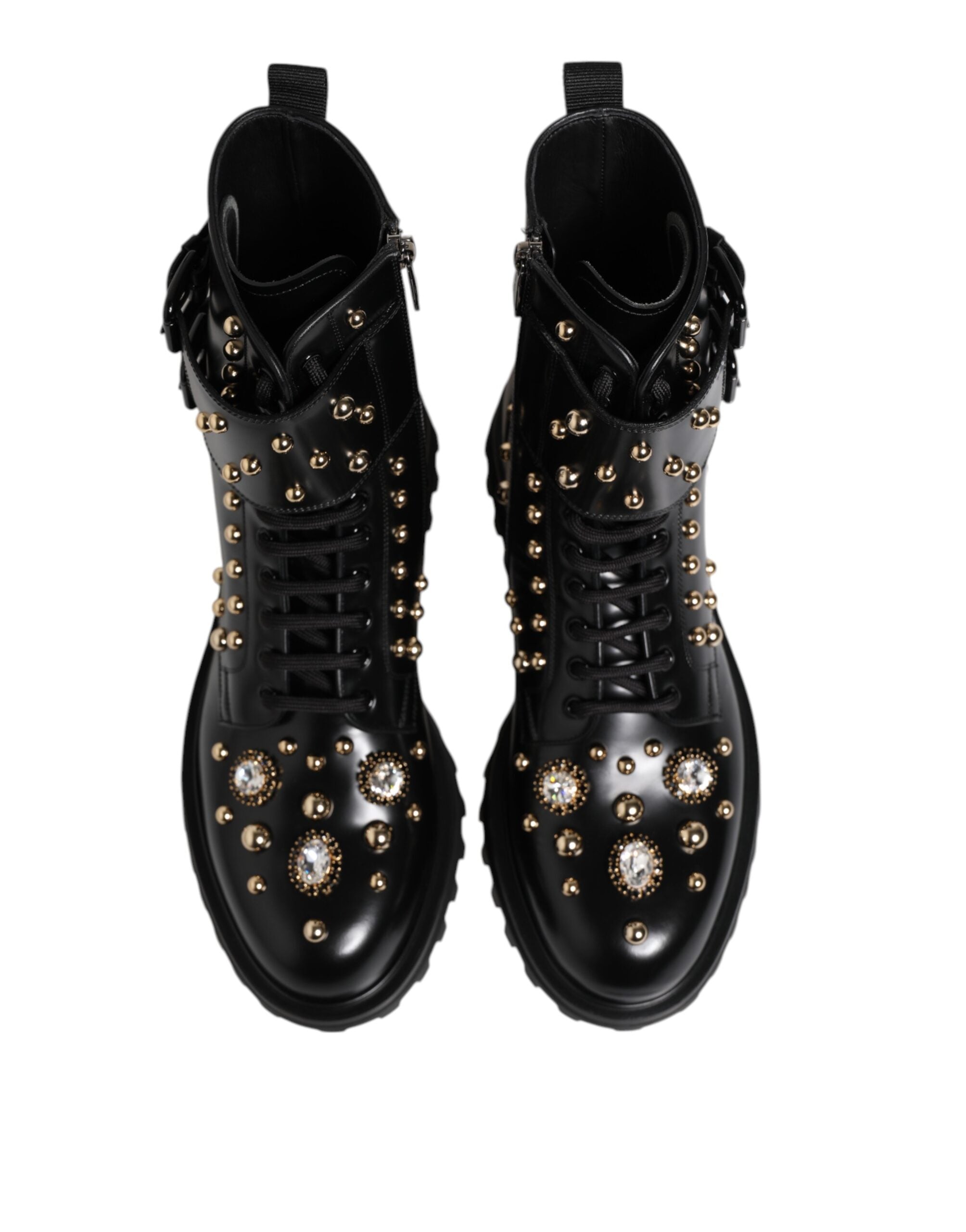 Black Studded Lace-Up Mid-Calf Boots