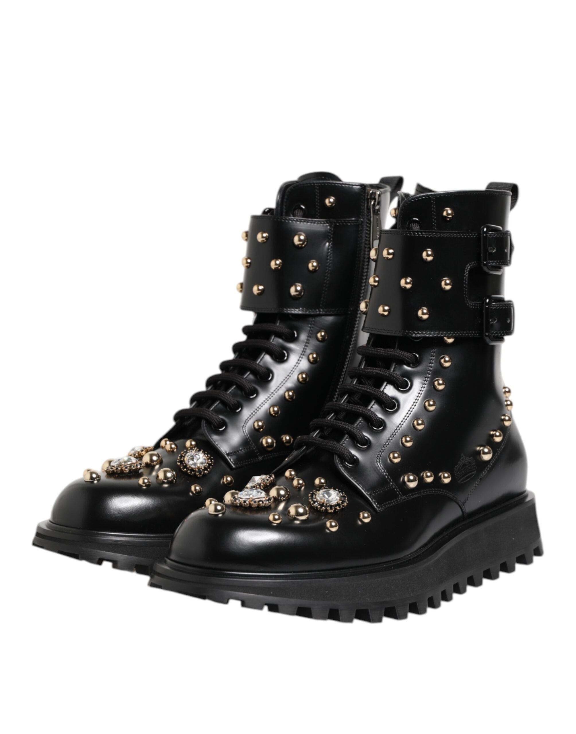 Black Studded Lace-Up Mid-Calf Boots