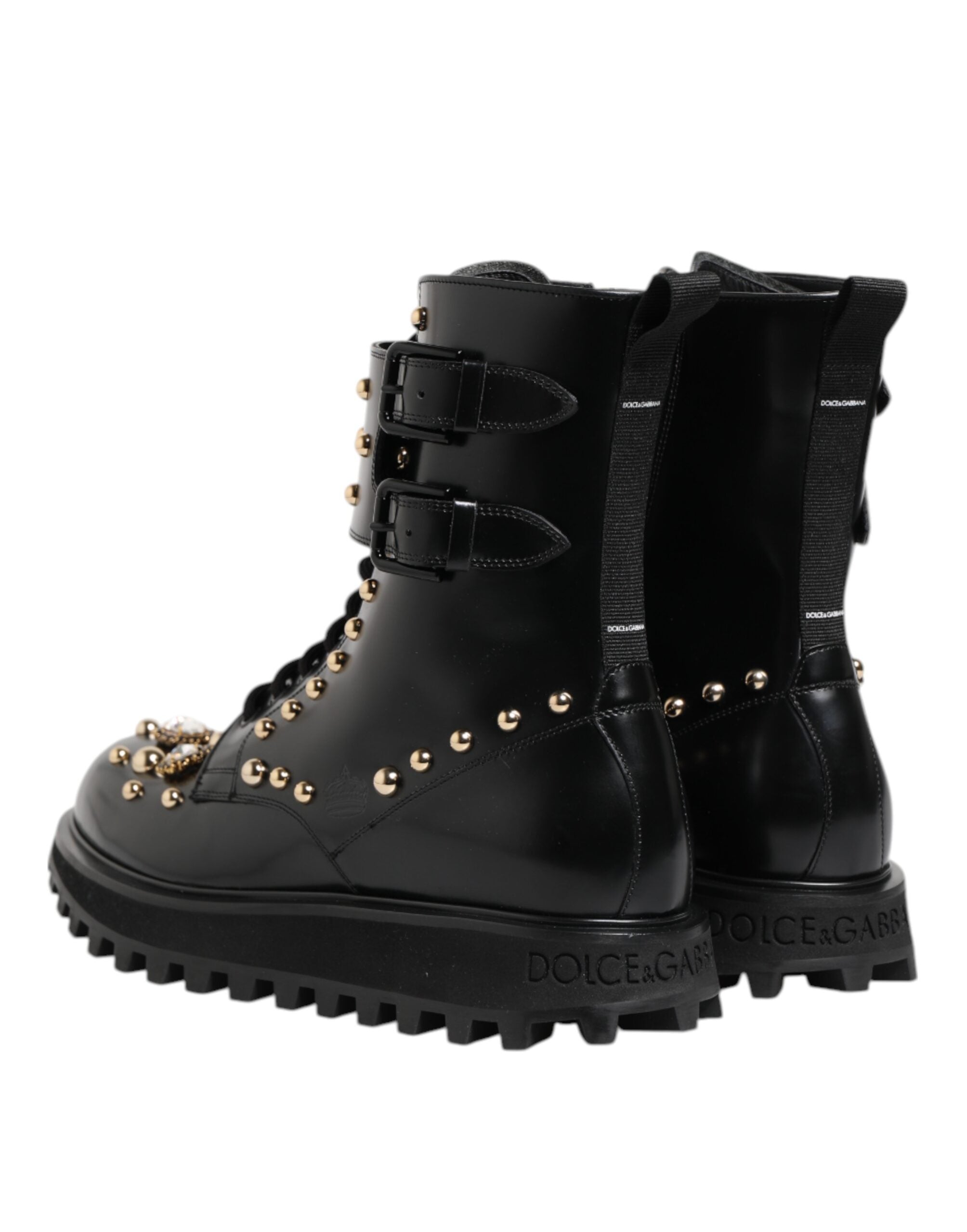 Black Studded Lace-Up Mid-Calf Boots