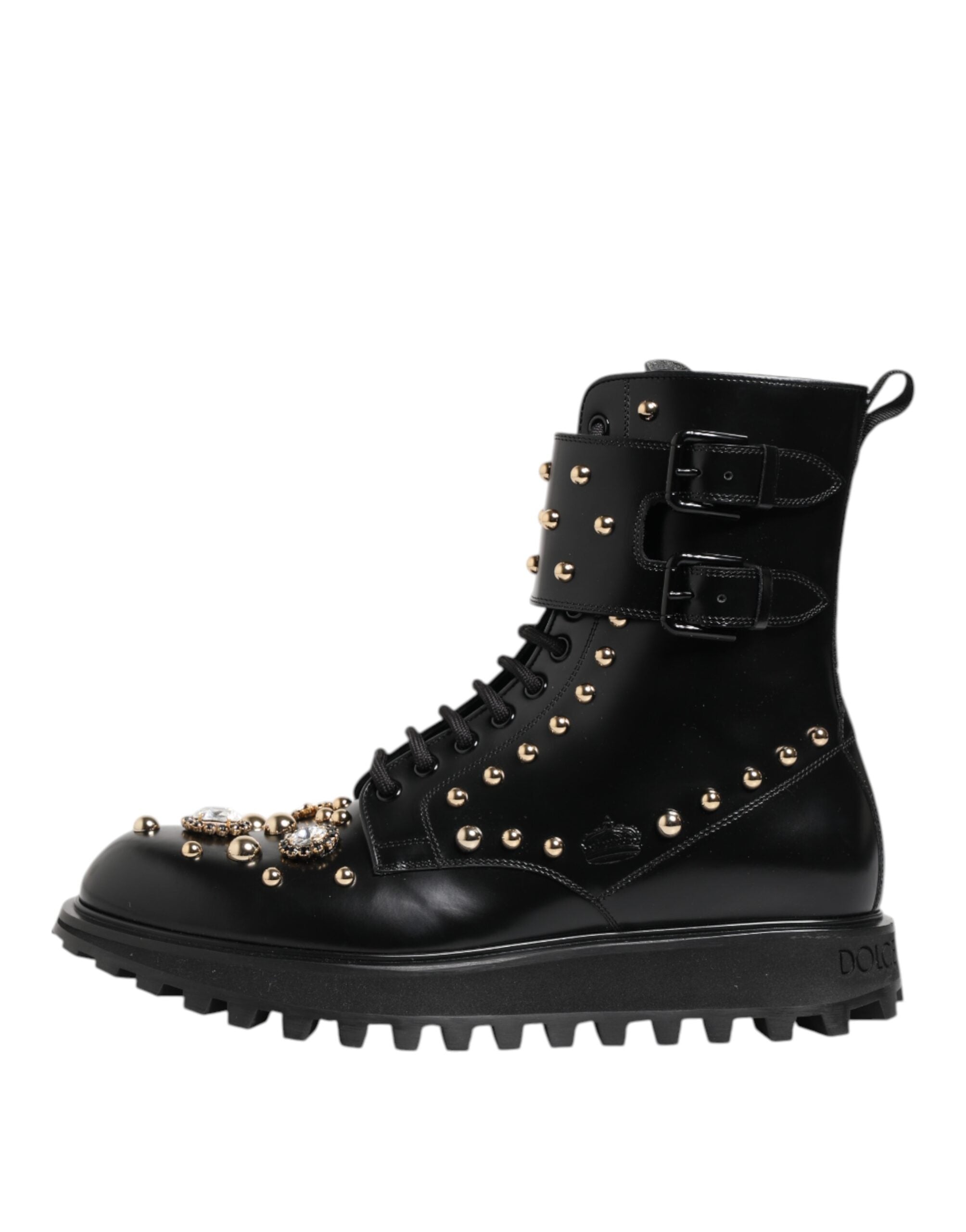 Black Studded Lace-Up Mid-Calf Boots